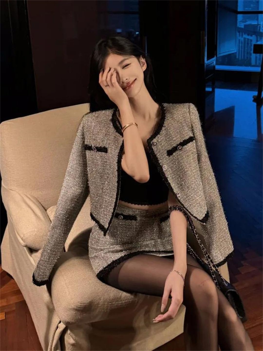 Women Tweed Two Piece Set Jacket Skirt Vintage Style Outfit