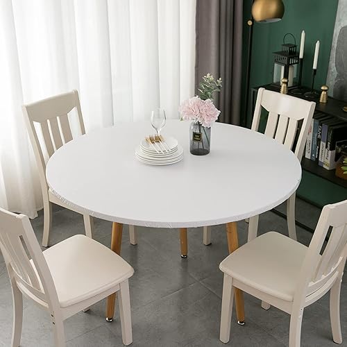 Miniatura 2 de Mantel redondo de vinilo ajustable con parte trasera de franela, mantel elástico, cubierta de plástico impermeable a prueba de aceite (blanco,