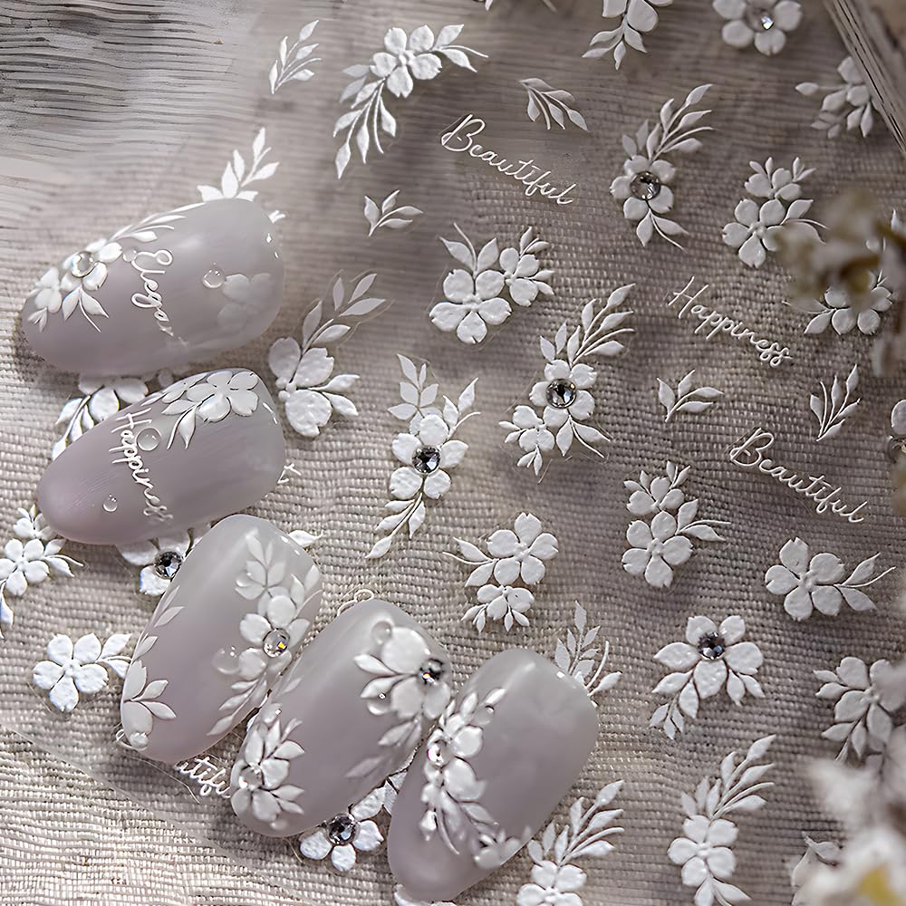 Vintage White Flower Nail Stickers Nails Design Decor Relief Crystal Lace Flowers 5D Nail Art Stickers Embossed Rhinestone Leaves Blossom Petal Floral Nail Decals Nails Supplies Accessories