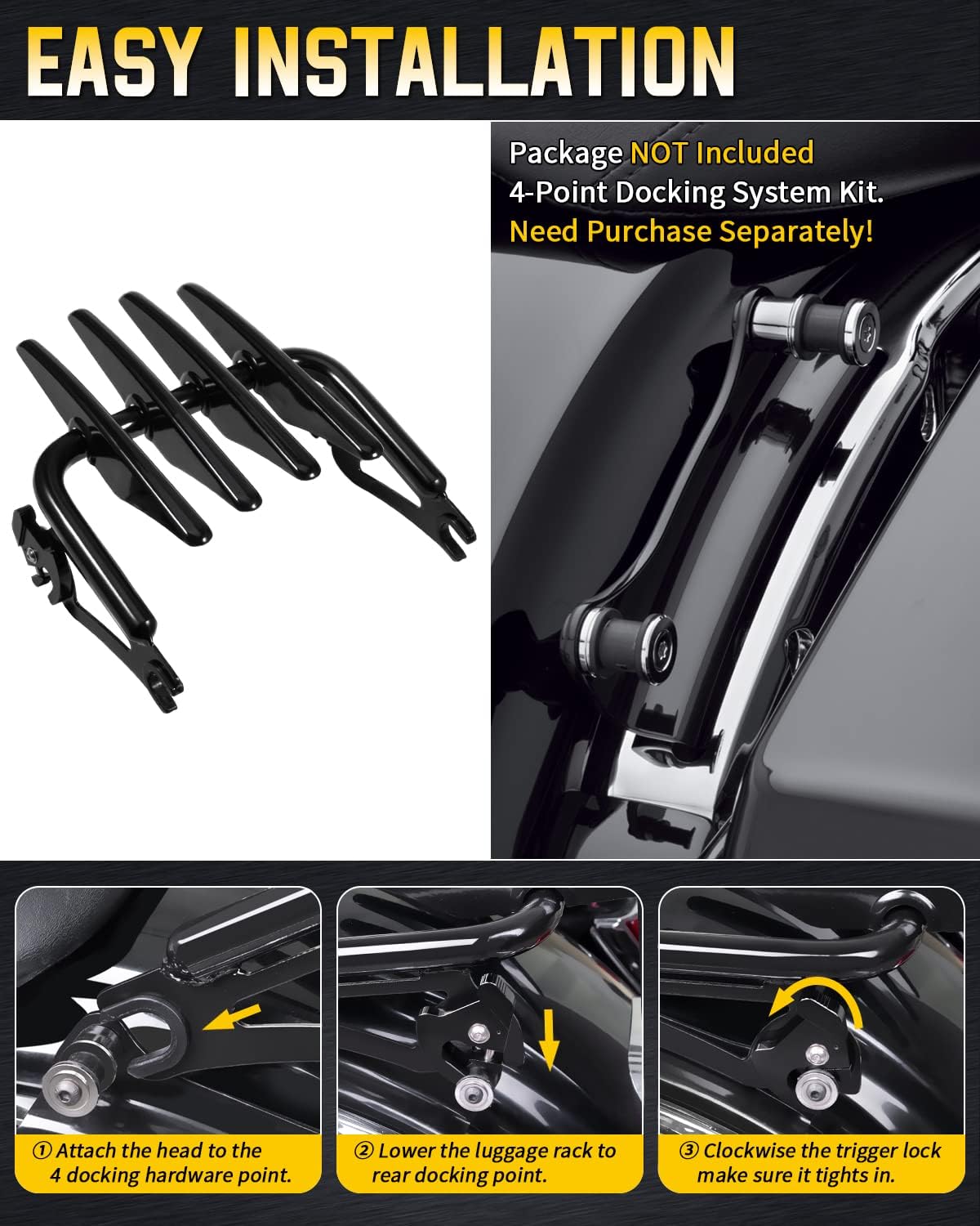 Stealth Luggage Rack Black Rear Mounting Rack Compatible for Harley Touring 2009-2024 Street Glide Road Glide FLHR FLHXS FLHX Road King Electra Glide Ultra Limited FLTRX
