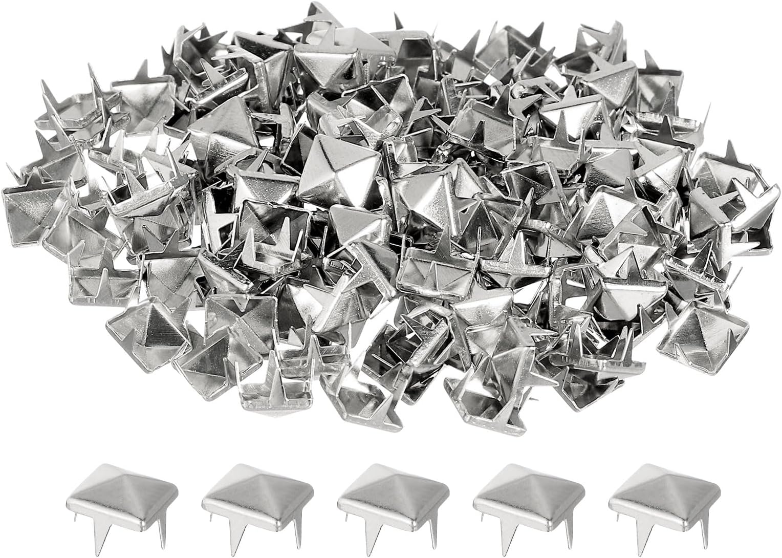 sourcing map150Pcs Square Pyramid Rivets for Clothing, 7mm Four-Jaw Studs Spikes, Copper Punk Rock Nailhead Spots for Bags, Shoes, Leathercraft(Silver Tone)