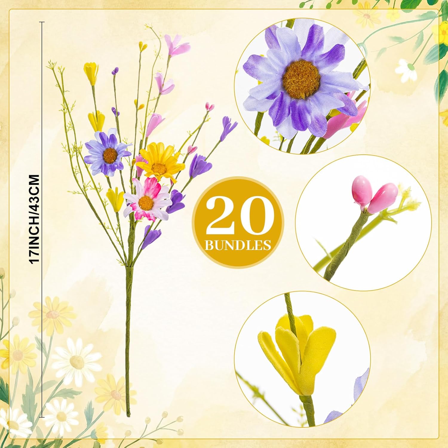 Norme 20 Bundles Floral Spring Artificial Flowers 17 Inch Spring Floral Stems with Colorful Daisies and Forsythia Fake Wildflowers for Home Decor Vases Table Centerpieces