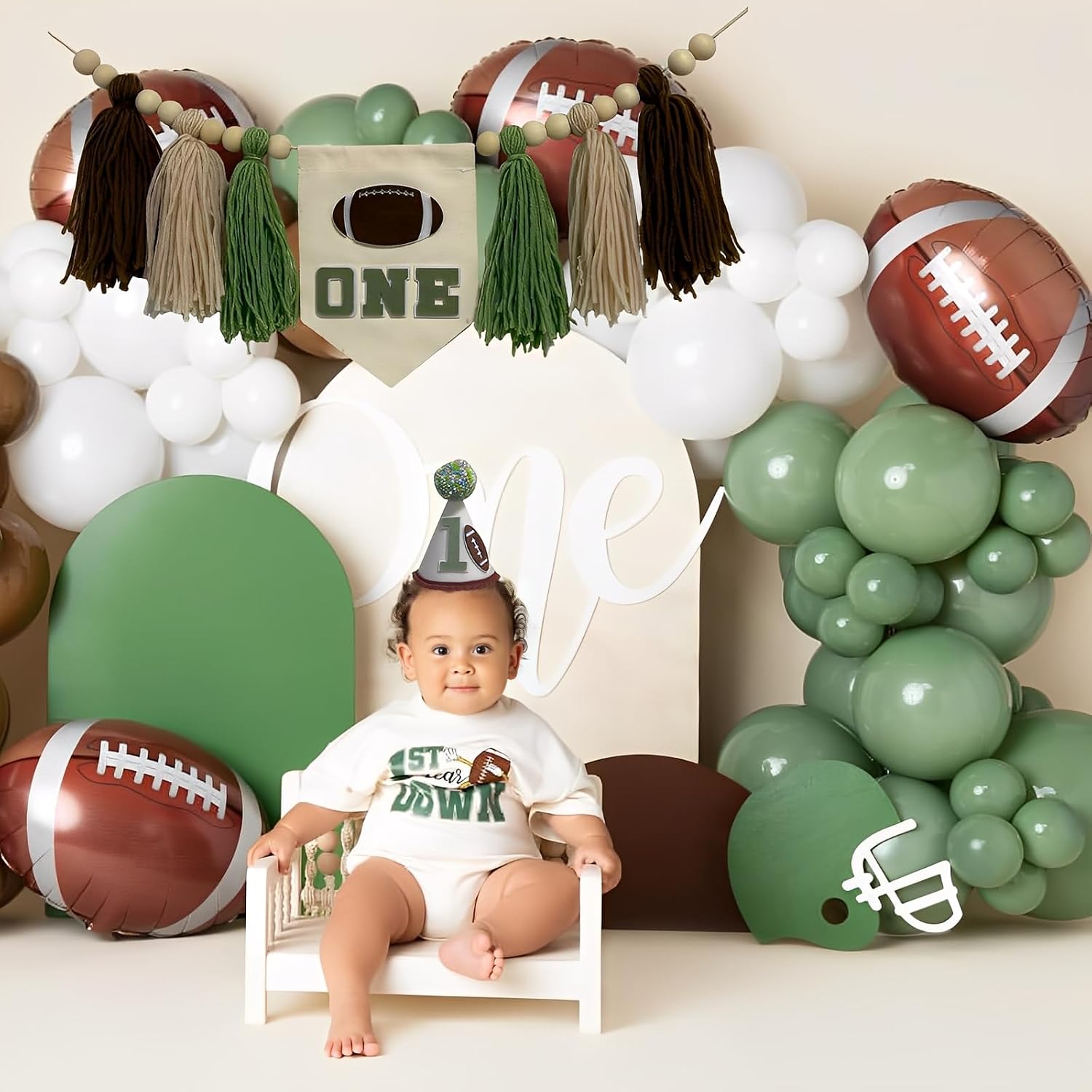 First Year Down Football High Chair Banner with ONE Cone Hat for First Down Rugby Boys 1st Birthday Party Decorations(Sage Green Football)