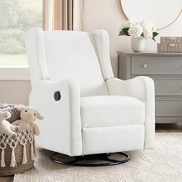 360 Swivel Glider Recliner, Soft Chenille Mid Century Modern Upholstered Ergonomic Rocker Comfy Wingback Accent with Curved Arm Sillas Reclining Chair Living Room Bedroom Lounge Reading Nursery White