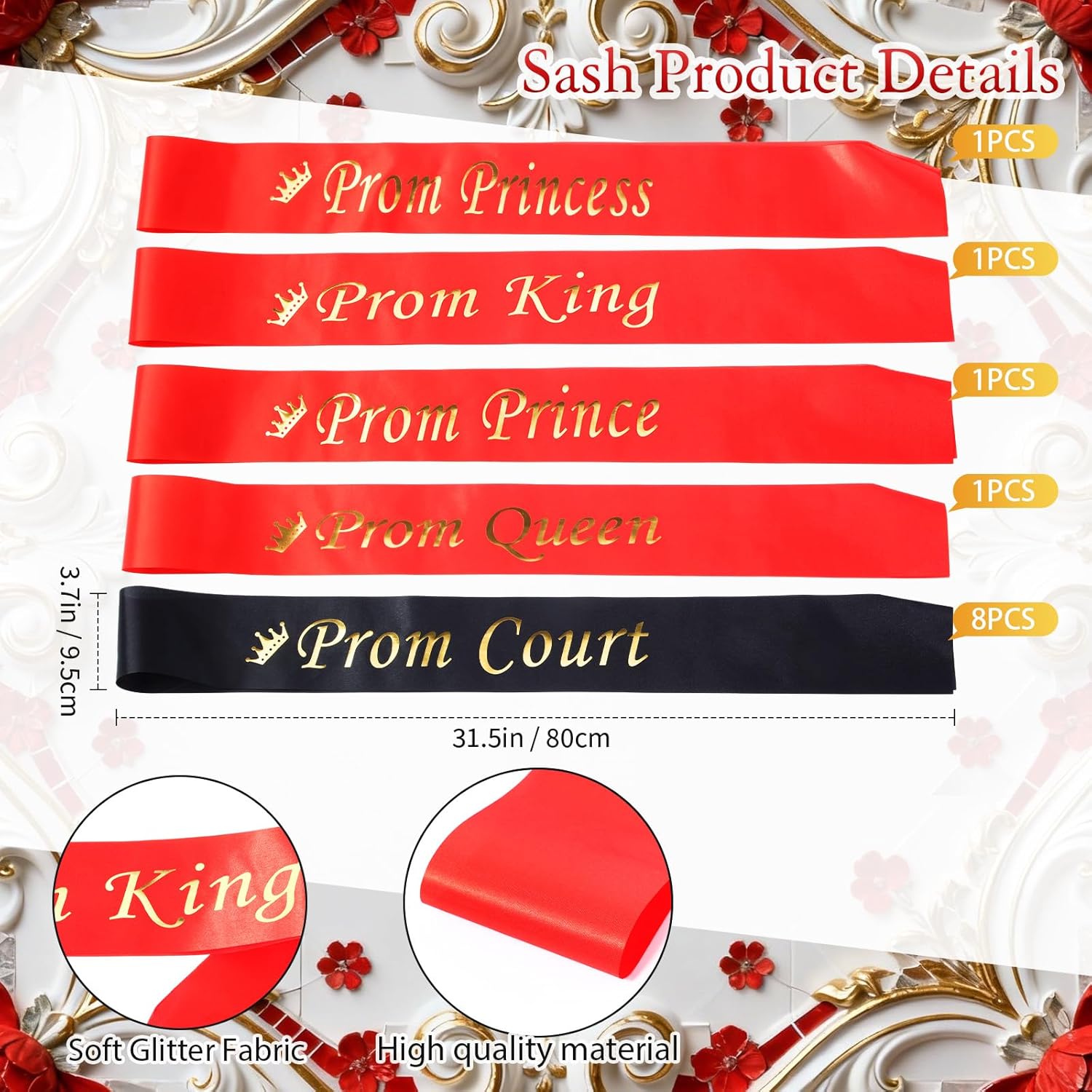 Ferreve 16 Pcs Prom King/Queen Crown and Sash Set Crystal Rhinestones Tiaras with Prince/Princess Court Sash for Birthday Wedding Party Accessories(Red)