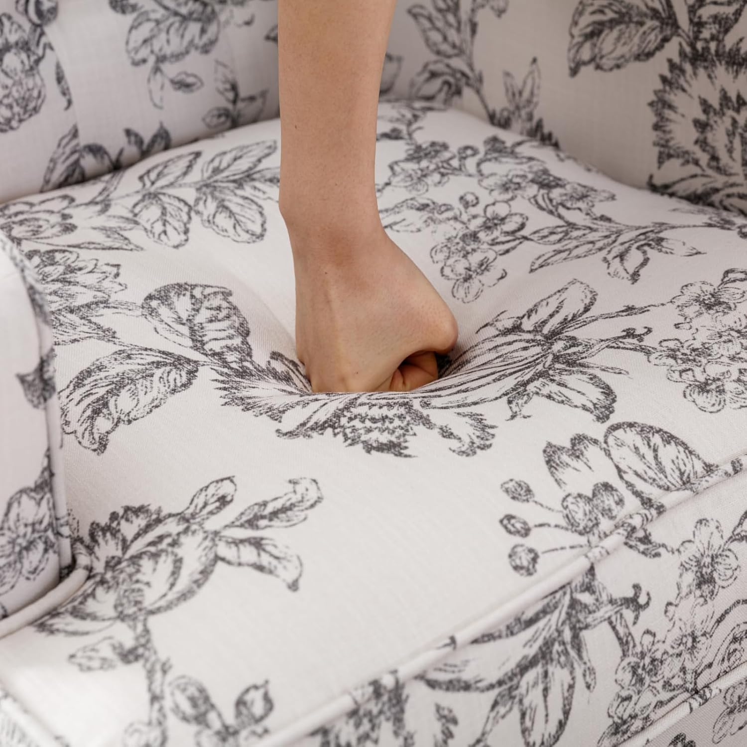 LukeAlon Button Tufted Linen Accent Chair, Upholstered Club Chair with Wooden Legs Vintage High Wingback Reading Chair Comfy Armchair with Pocket for Living Room Bedroom, Floral Beige