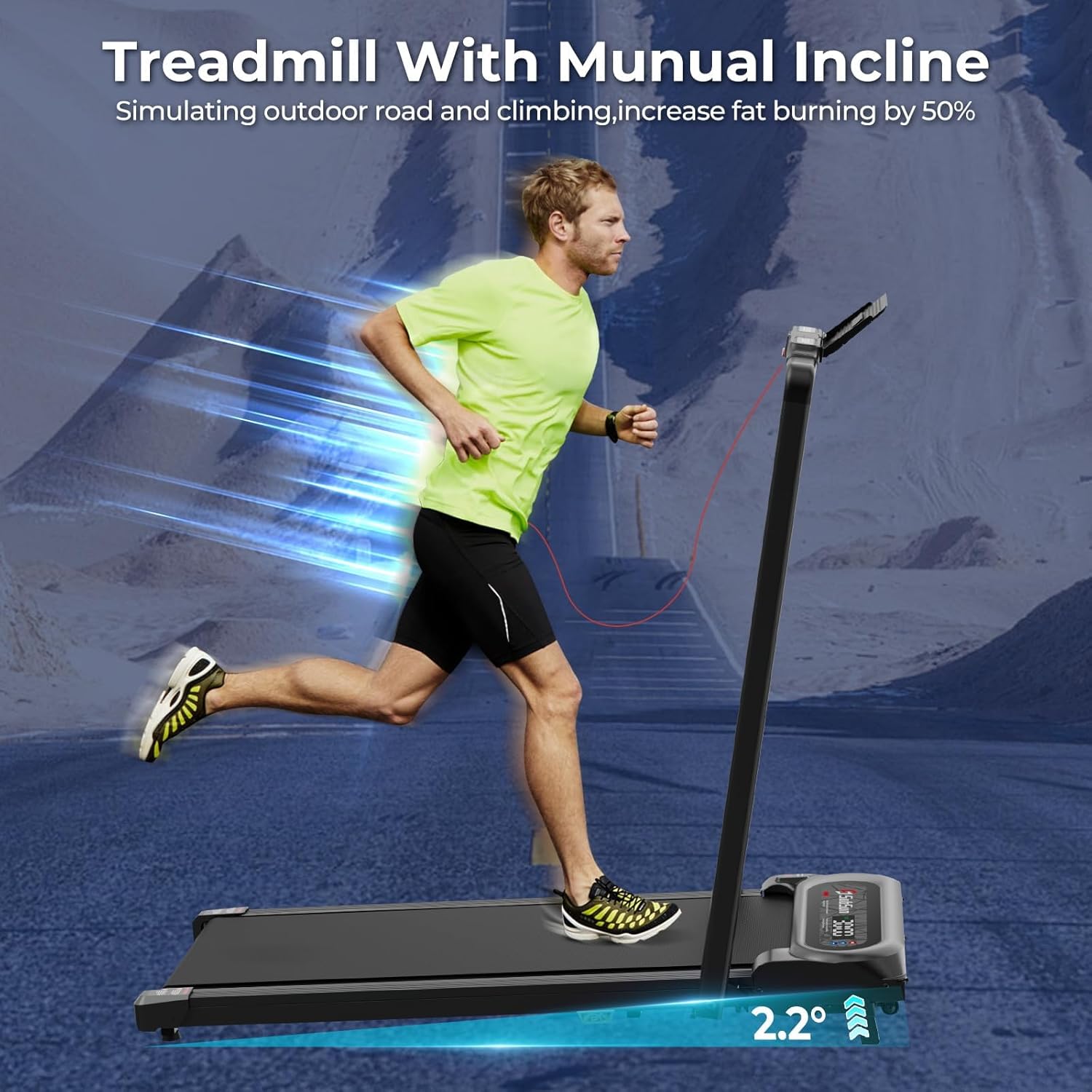 Man running on the SubSun treadmill, illustrating the 2.2-degree manual incline feature.