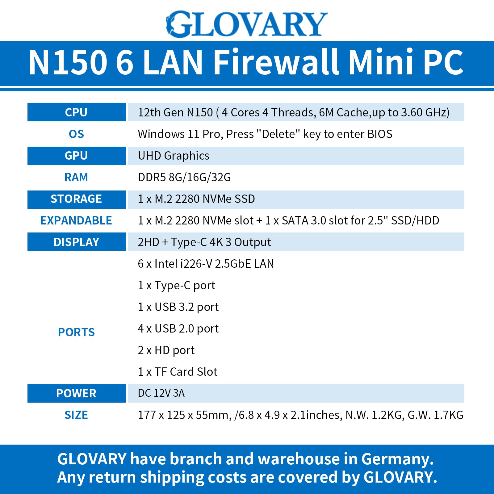 Glovary Micro Firewall Appliance Quad Core N100, 4 X I226V 2.5GbE LAN, Fanless Mini PC Router, DDR5 Barebone, AES-NI, Firewall Hardware, HD, DP, 8USB Port, TF Card Slot - View #4