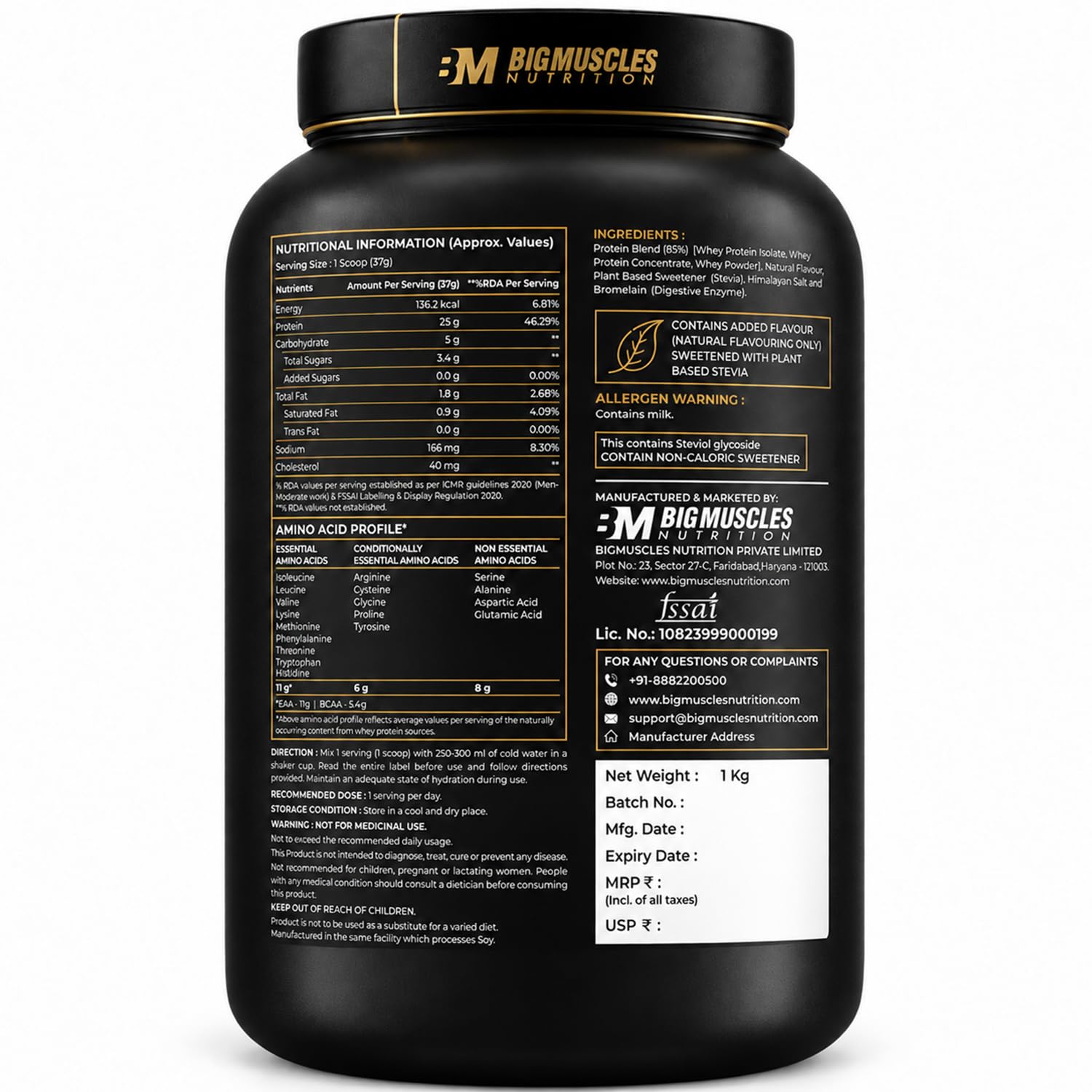 Bigmuscles Nutrition Premium Gold Whey [1Kg, Malai Kulfi] Informed Choice UK Certified | Isolate Whey Protein Blend | 25g Protein | Natural Ingredients Only — Amazon image 11