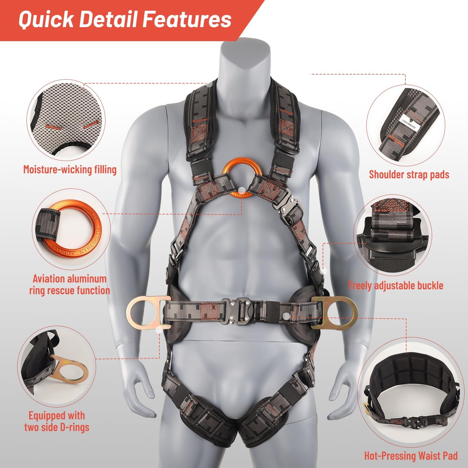Safety Harness Fall Protection Padded on the shoulders, waist, and legs, featuring front O-rings, with upgraded quick-release buckles, meets ANSI standards, suitable for roofing work, construction