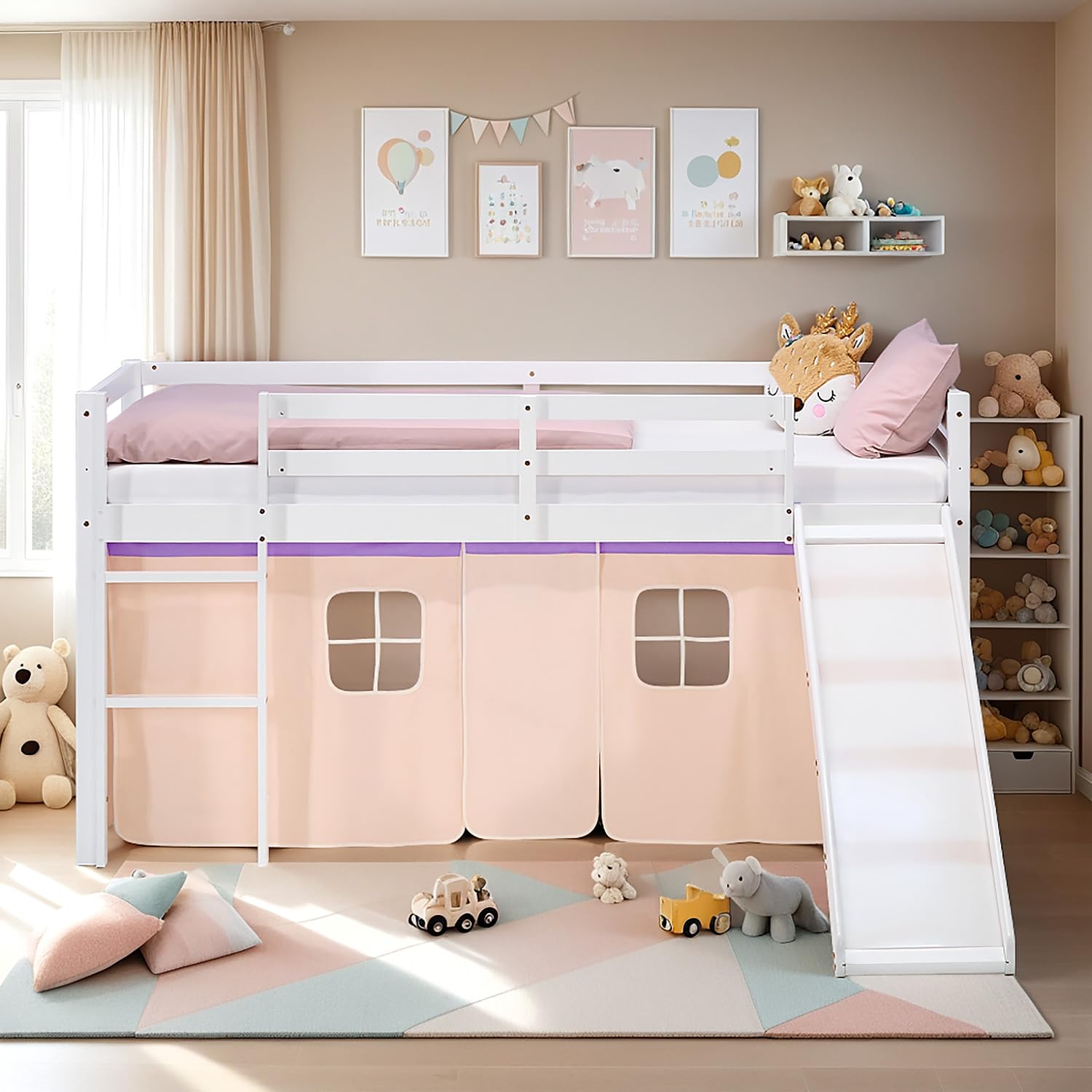 Homestyle4u Hochbett mit Rutsche 90x200 cm - Spielbett Weiß Mädchen Kiefer | Massivholz Kinderbett inkl. Lattenrost & Vorhang Lila-Beige - Leiter & Absturzsicherung - Hochwertiges Kiefernholz