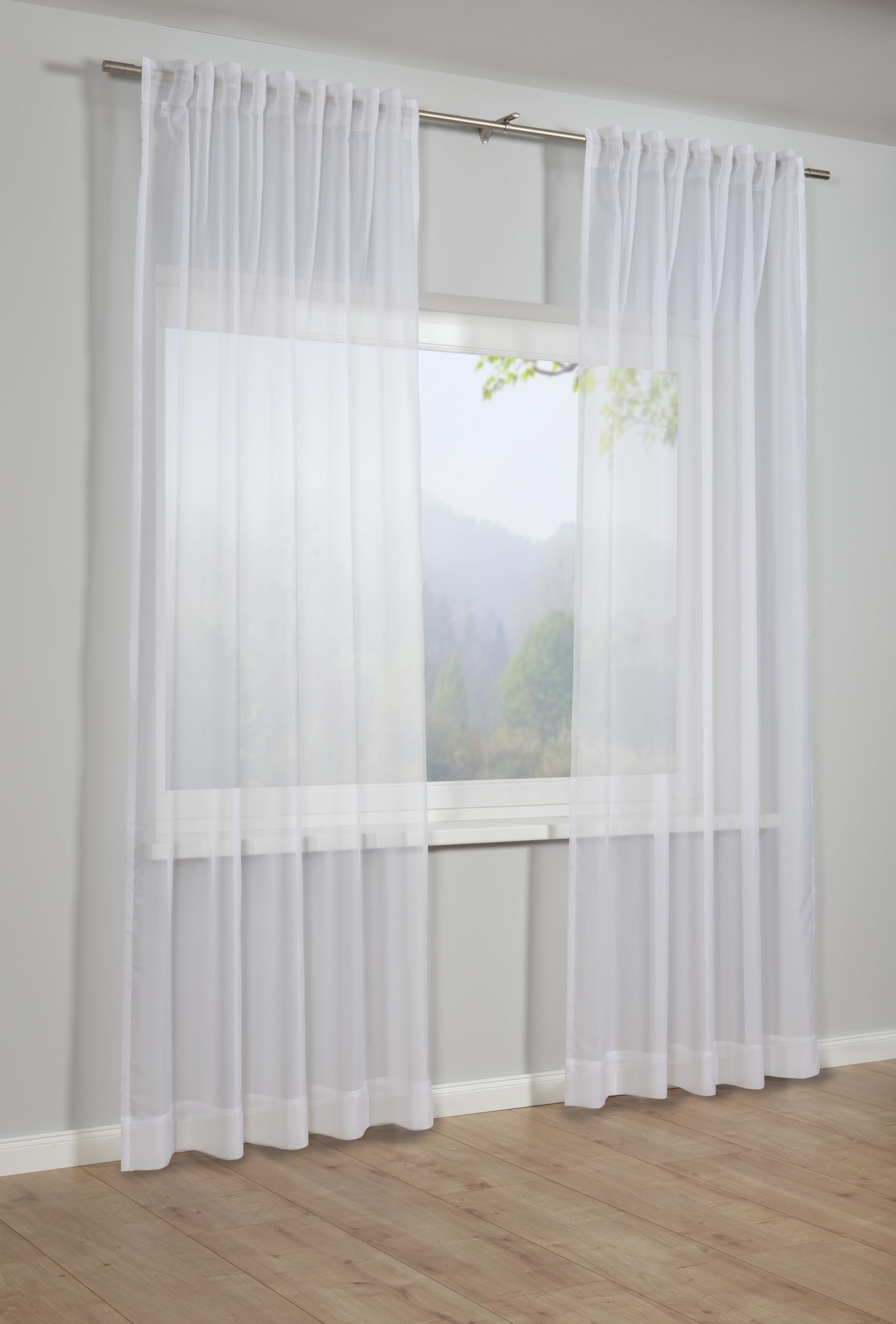 Sehlbach Fertiggardine mit Gardinenband, Voile mit Beschwerungstasche, Weiß, 300 x 175 cm Gardinen, Transparenter Voile Stoff, Lichtdurchlässig, Öko-Tex Zertifiziert, Verdeckte Schlaufen