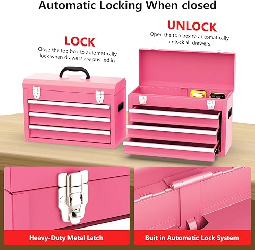 Miniatura 3 de Caja de herramientas de metal de 3 cajones, caja de herramientas de metal portátil con forro EVC y cierre de cierres, baúl de herramientas de acero