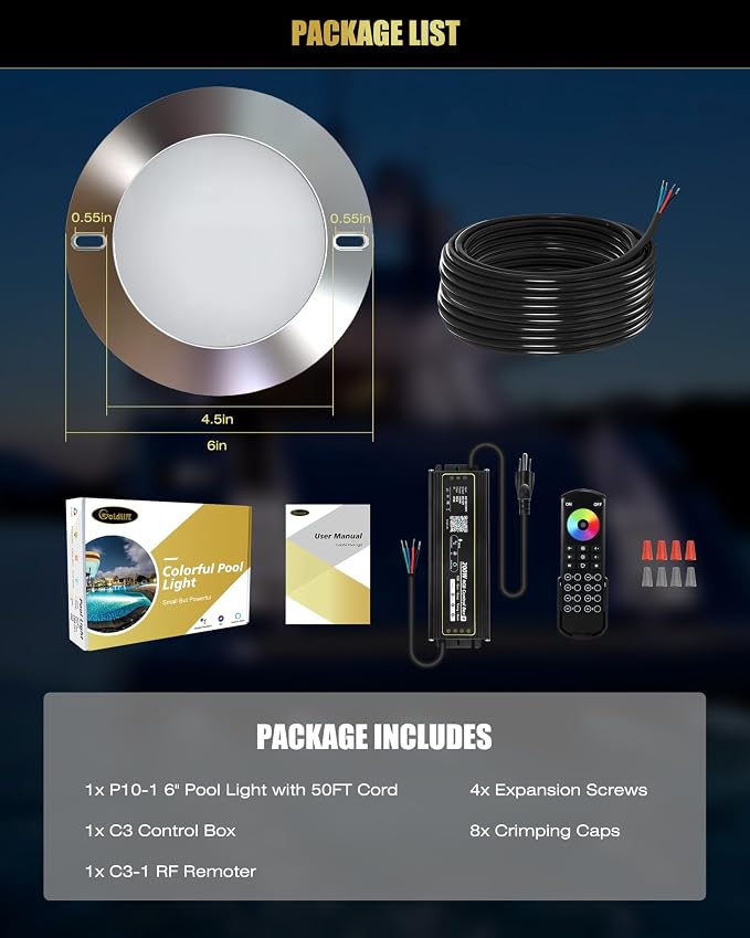 Luz para piscina Goldlife P10 6" 60W RGB con control miniatura 7