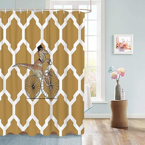 Miniatura 2 de Vandarllin Divertida cortina de ducha con diseño geométrico de dinosaurio para bicicleta, juego de cortinas de ducha para niños con ganchos,