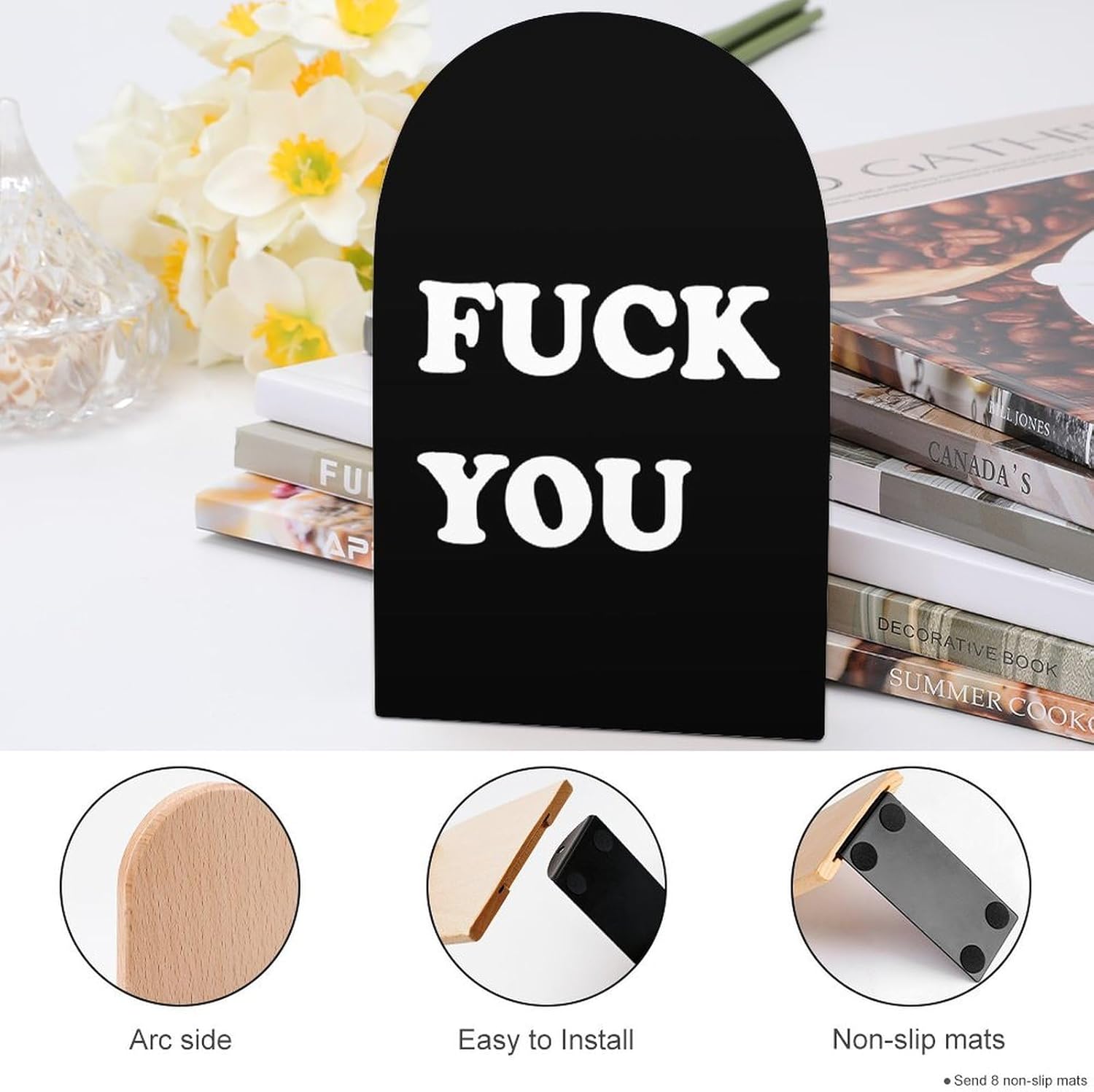 FCK You Cute Wood Book Ends Decorative Bookends 1 Pair Non-Skid for Shelves Home Office 7 X 5 Inch