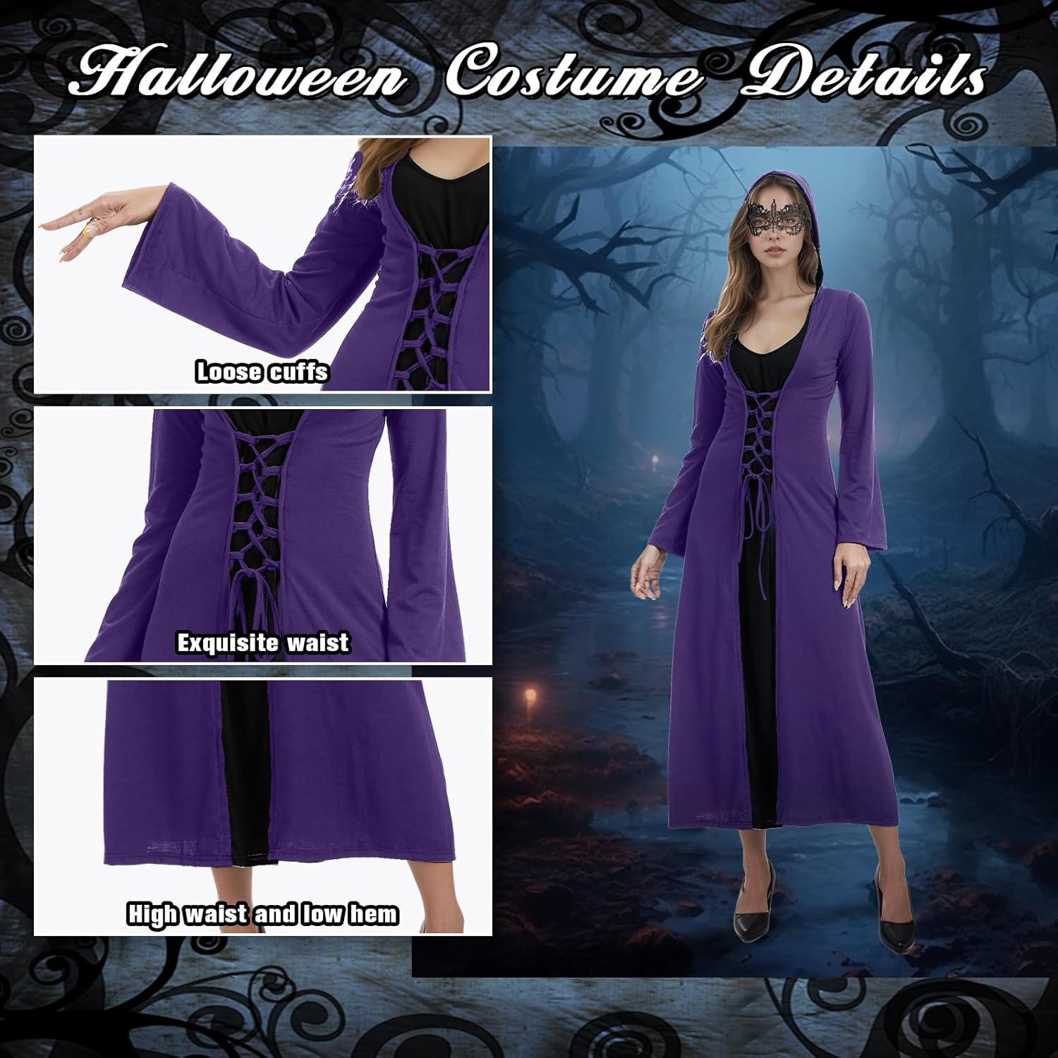 Womens Halloween Costumes for Adults Medieval Hooded Maxi Dress for Women Fashion Hooded Robe Cosplay - Image 3