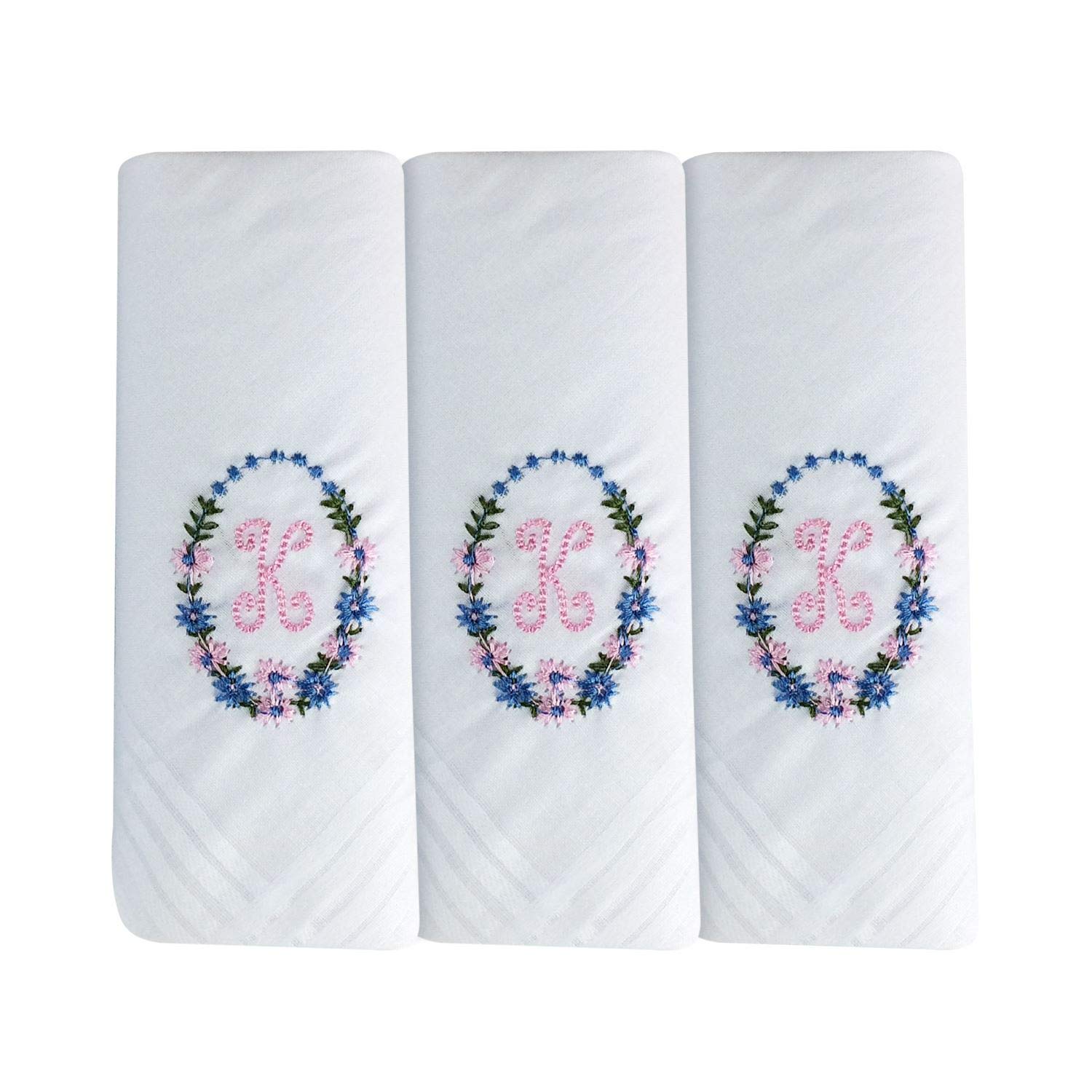Surf The Shop Women's K 3 Pac Of / Embroidered Initial Handkerchiefs With White Satin Border Various Initials (K)