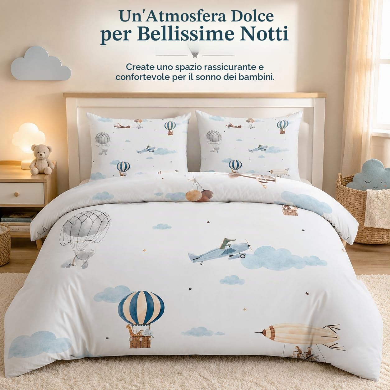 Mongolfiera Copripiumino Una Piazza e Mezza Aereo Set Biancheria da Letto in Microfibra di 3 Pezzi, 1 Parure Copri Piumone 200x200 con 2 Federe 50x80 cm con Cerniera
