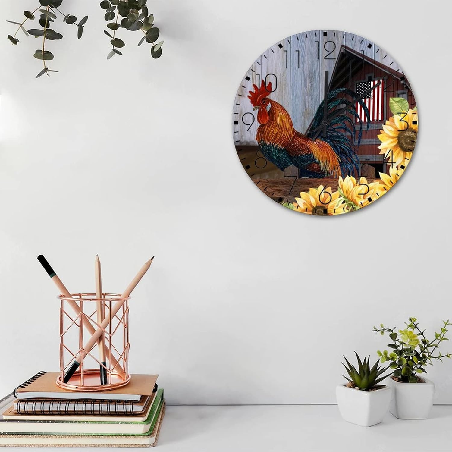 12" Wood Wall Clock Rooster Barnyard Sunflower Barn Wooden Wall Decor for Lofts Beautiful Animal Picture Painting Wall Clocks Non-Ticking Quartz Round Wooden Wall Clock Country for Garden Yoga Room