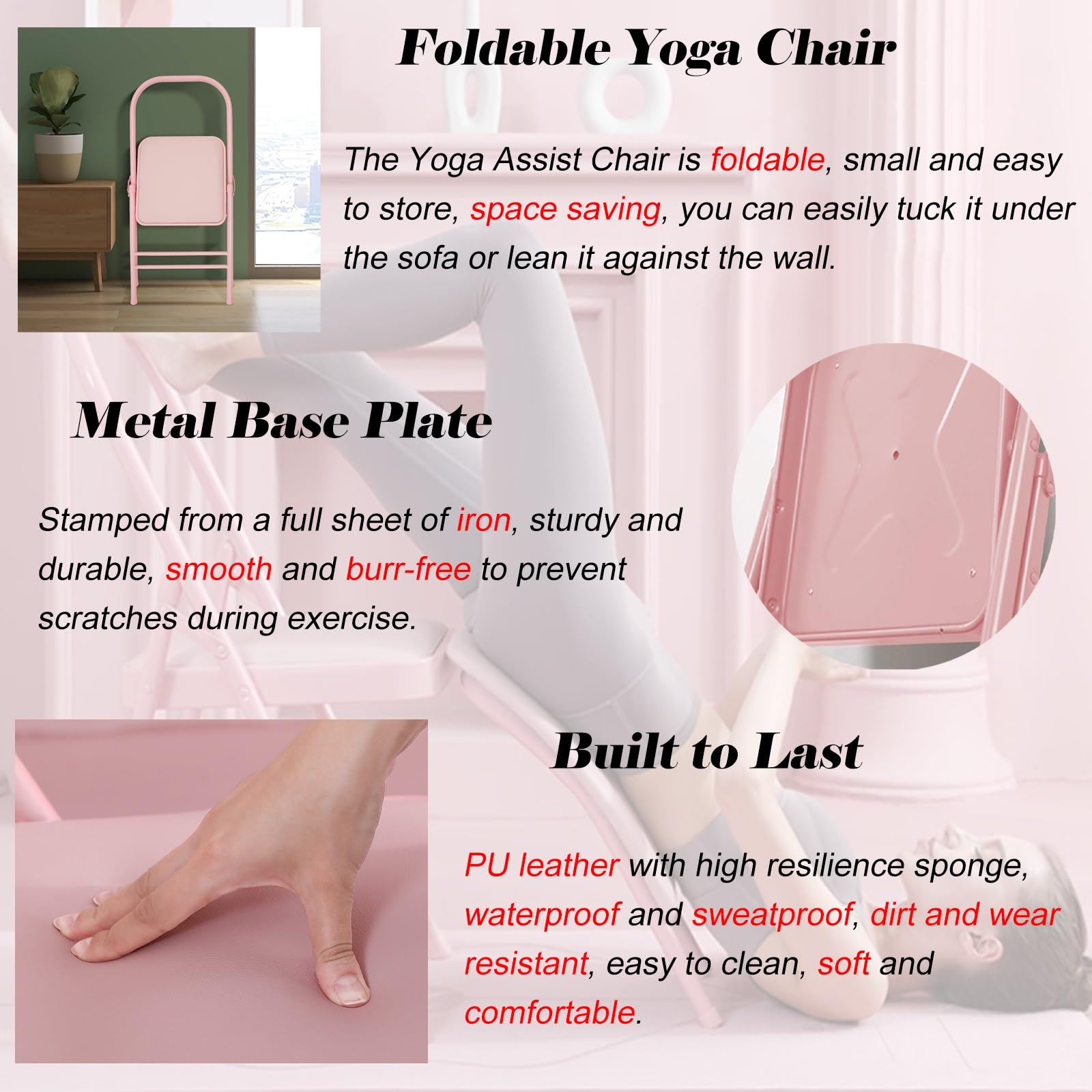 Sedia yoga Sedia Yoga Pieghevole Con Supporto Lombare Rimovibile, Strumento Di Allenamento Per L'inversione Dell'equilibrio Con Cuscino In PU, Sedia Yoga Per Esercizi Per La Vita/ I Glutei(Pink)