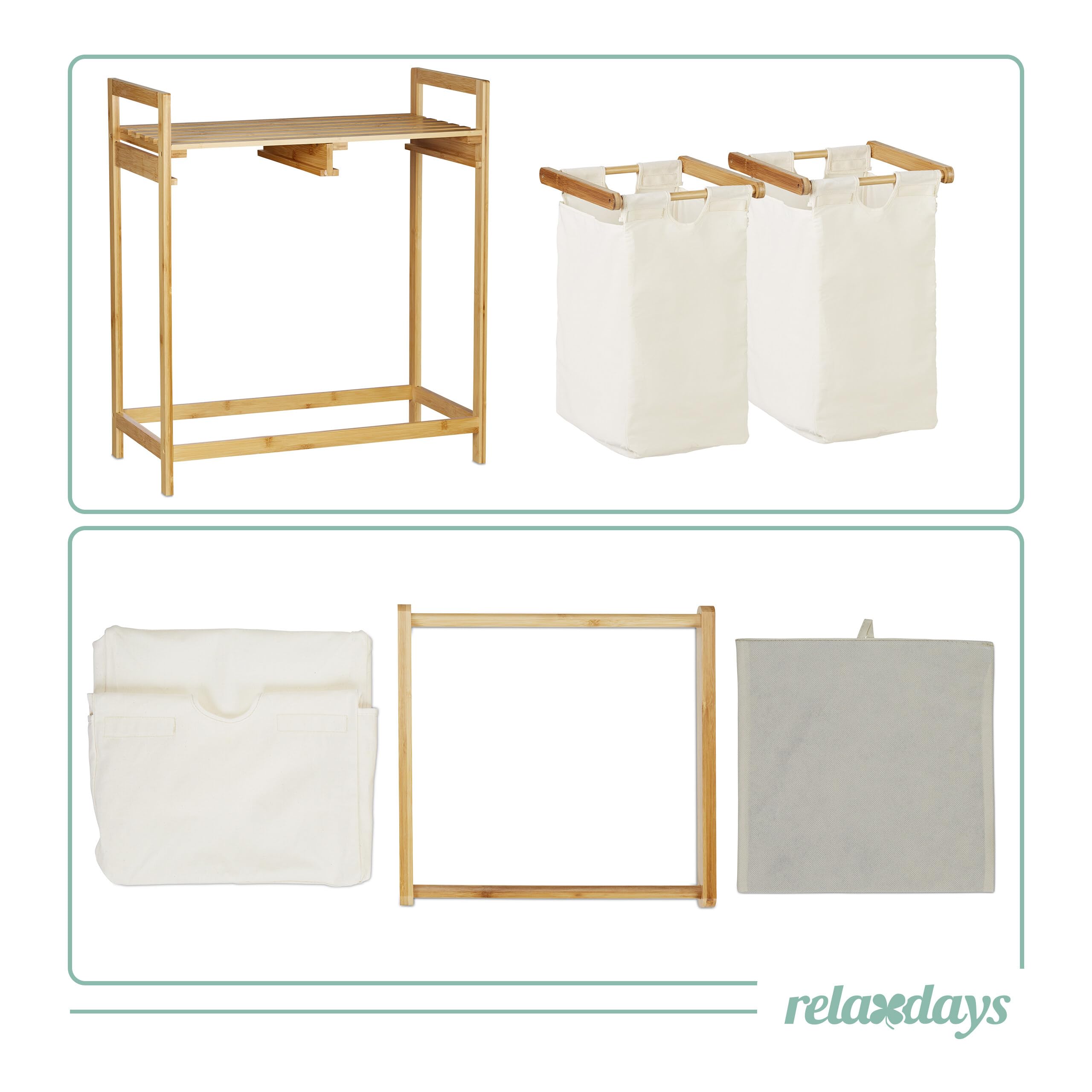 Relaxdays Wäschekorb Bambus, Wäschesortierer mit Ablage, 2 Fächer, ausziehbar, tragbarer Wäschebehälter, 60 Liter, Natur, 1 Stück, Weiß