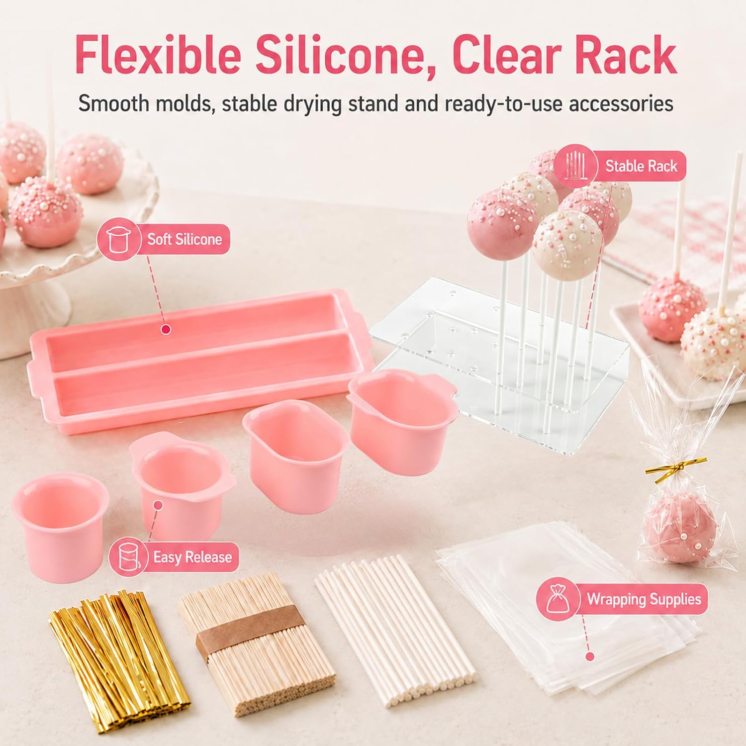 Cakesicle Cutter and Cake Pop Mold Set, Include 9.3 Inch Tray, Stands, Sticks, Bags and Ties, Complete Cake Pop Maker Baking Tools Kit for Home Party Wedding Desserts