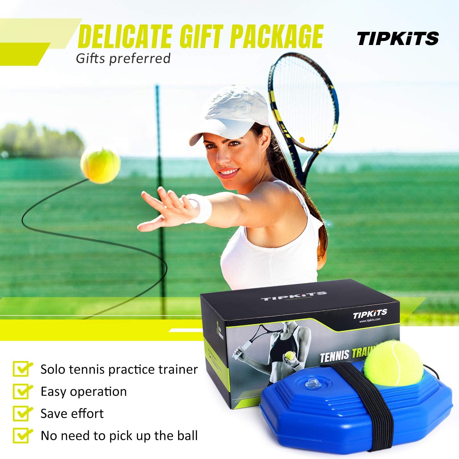 TIPKITS Tennis Trainer Rebound Ball with Strong Non-slip Mat, Portable Solo Tennis Training Equipment for Kids/Adults, 6 Cords & 2 Balls for Replacement : Sports & Outdoors