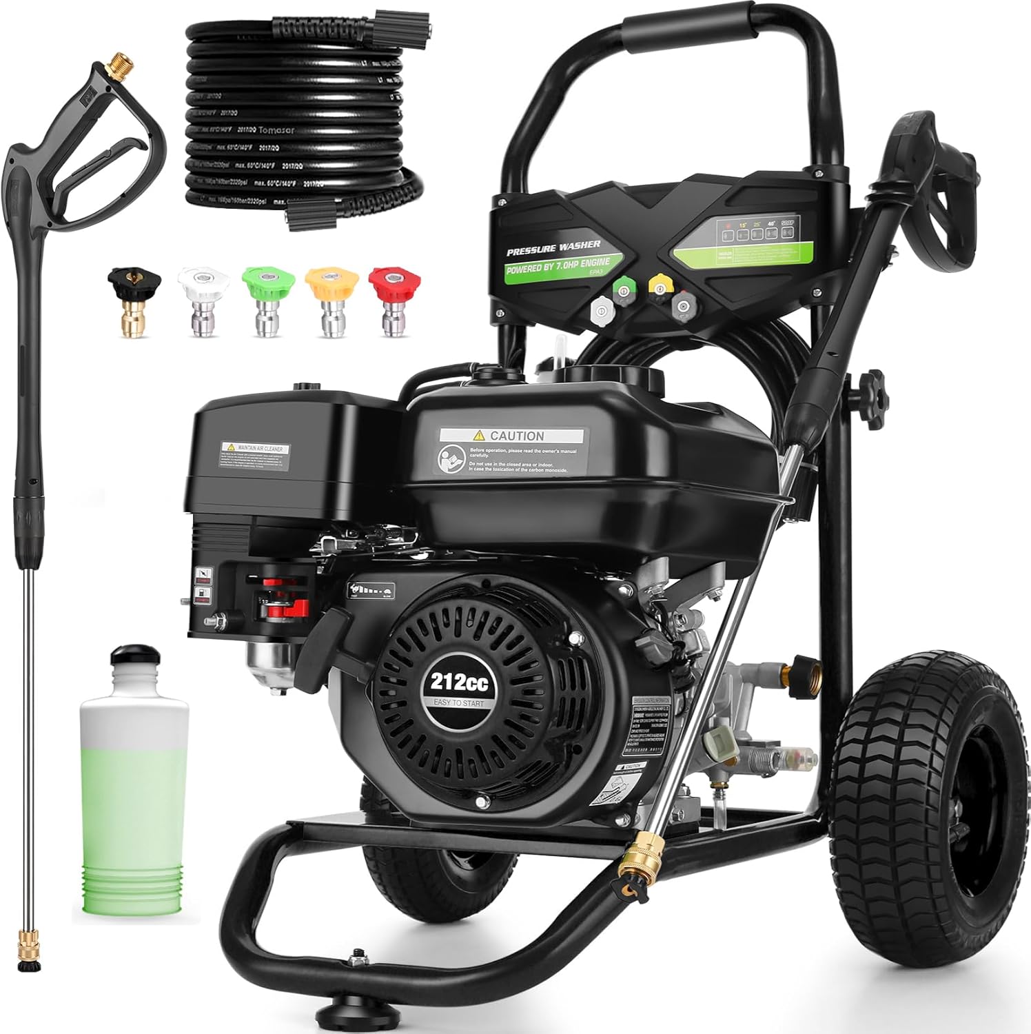 Professional 4200PSI 4GPM 212CC Gas Pressure Washer, 7.0 HP Commercial Gas Power Washer with 1L Foam Bottle 9" Wheels 5 Nozzles 25FT Hose for Home Car Fence Driveway (EPA/CARB/ETL Compliant), Black