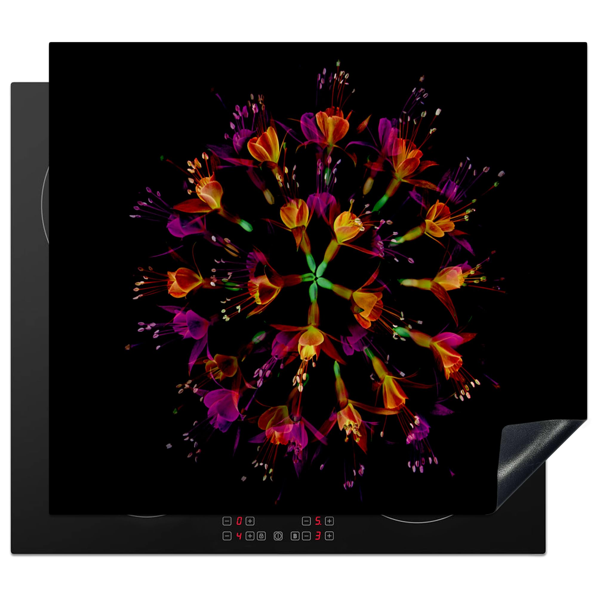 KitchenYeah© Induction Hob Cover Protector Mat 20.5"x23.2" / 59x52 cm Kitchen Universal Ceramic Covers for Electric Cookers Vinyl Flowers - Orange - Pink - Black — image 1