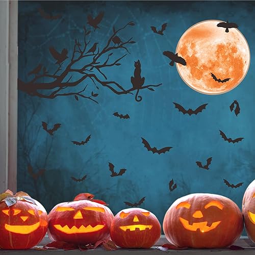 Vista 4 de Halloween Moon Wall Sticker Black Bat Wall Stickers Vinyl Crow Bird Tree Branch Wall Decals Removable Halloween Moon Bat Wall Decals Bats Window