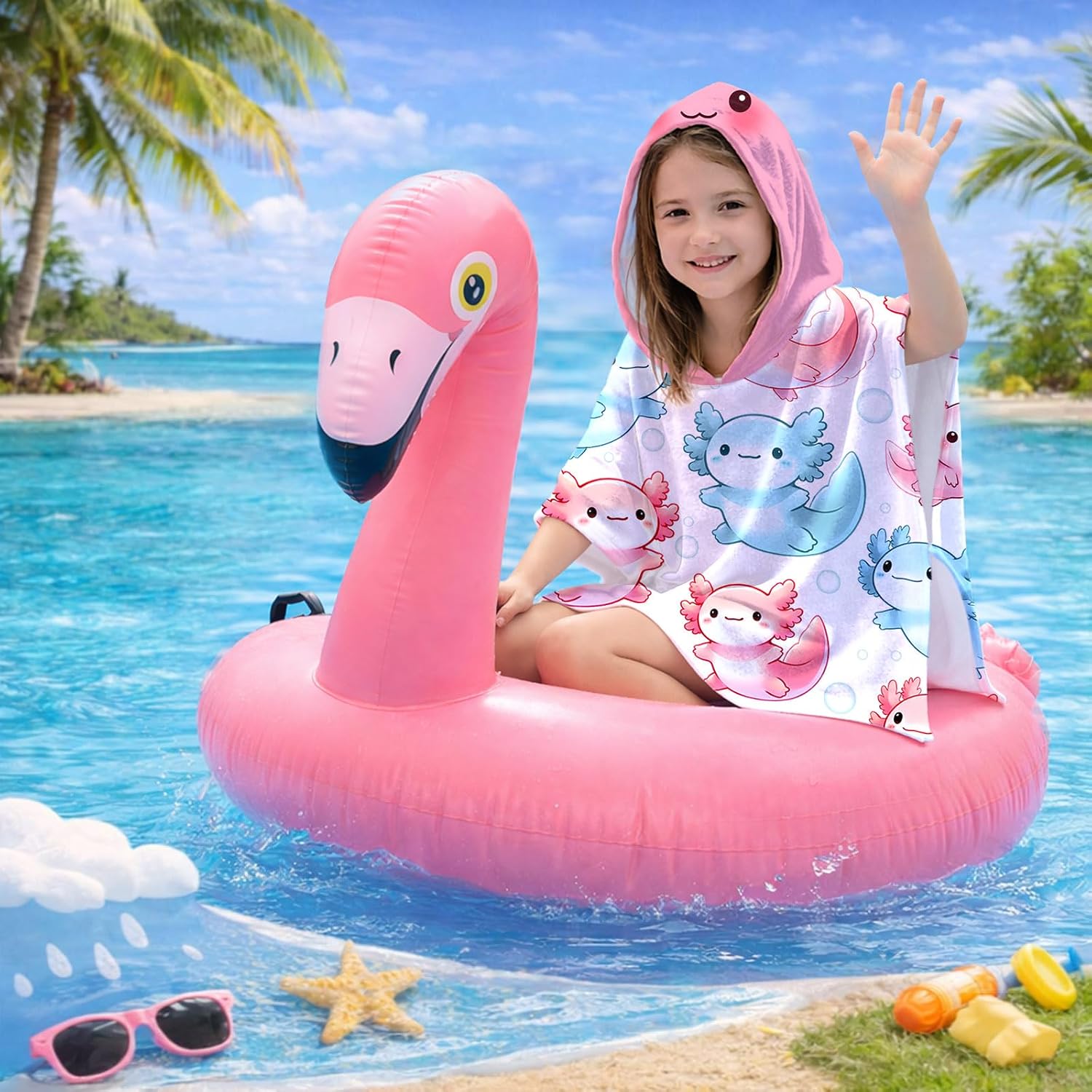 Kids Hooded Beach Towels Wrap for 8-14 Years,Cute Axolotl Theme Girls Swim Cover Up for Bathroom，31"x39" Quick Dry Pink Large Bath Towel Poncho,Perfect for Travel Vacation,Pool Party,Swimming