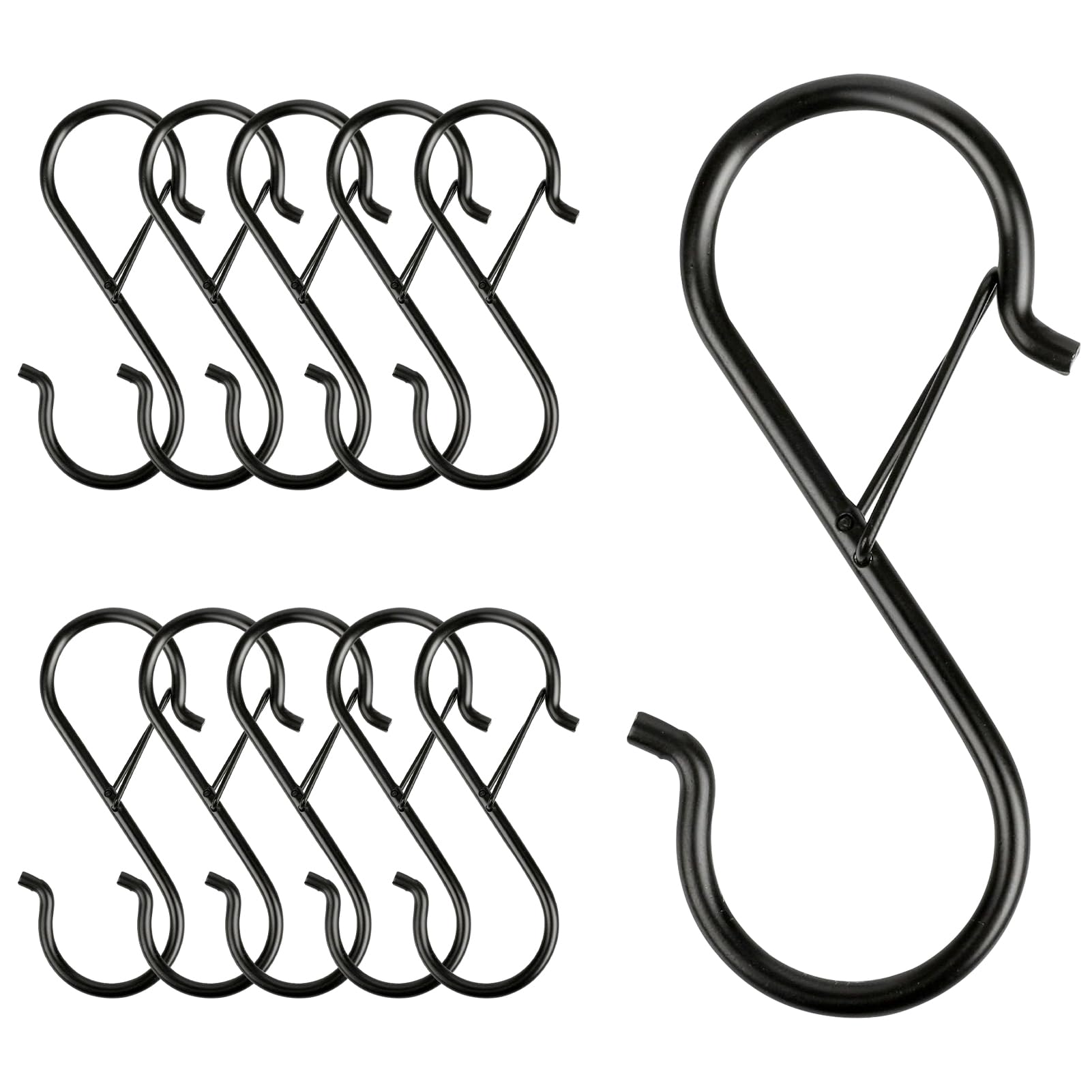 DAMIK 10-Pack S Shaped Hooks: Black Heavy Duty Metal S Hanging Organizers with Non-Slip Safety Buckle - Kitchen Utensil Hooks for Pots Pans Tools – Closet Bathroom Office Storage Hangers