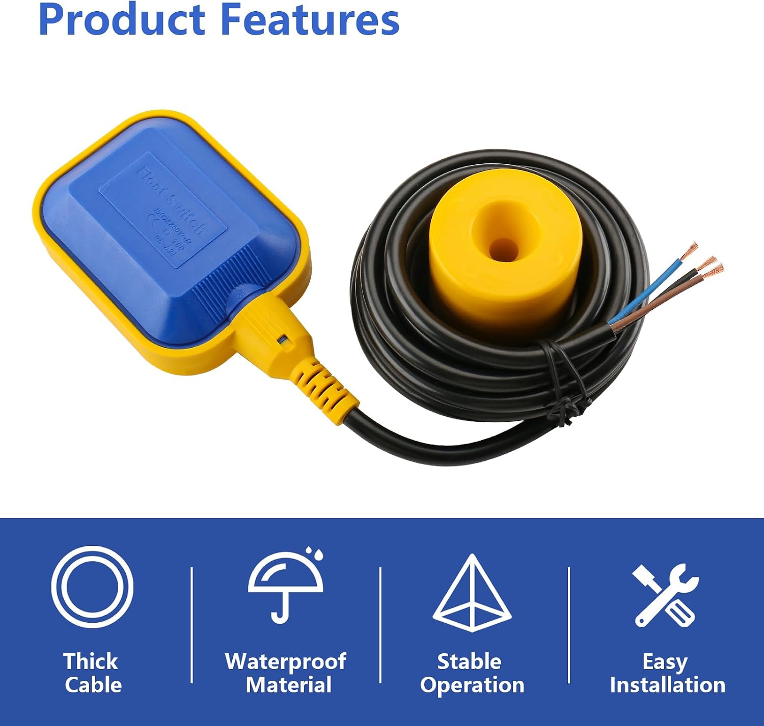 BAOMAIN 13ft Cable Float Switch Water Level Controller for Pump Tank | Hands-free auto pilot; extended 4M range; sewage & sump ready; heavy-duty corrosion-resistant build for reliable control.