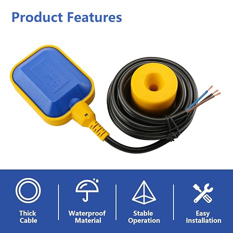 BAOMAIN 32ft Cable Float Switch Water Level Controller for Pump Tank | Hands-free auto pilot; extended 10M range; sewage & sump ready; heavy-duty corrosion-resistant build for reliable control.