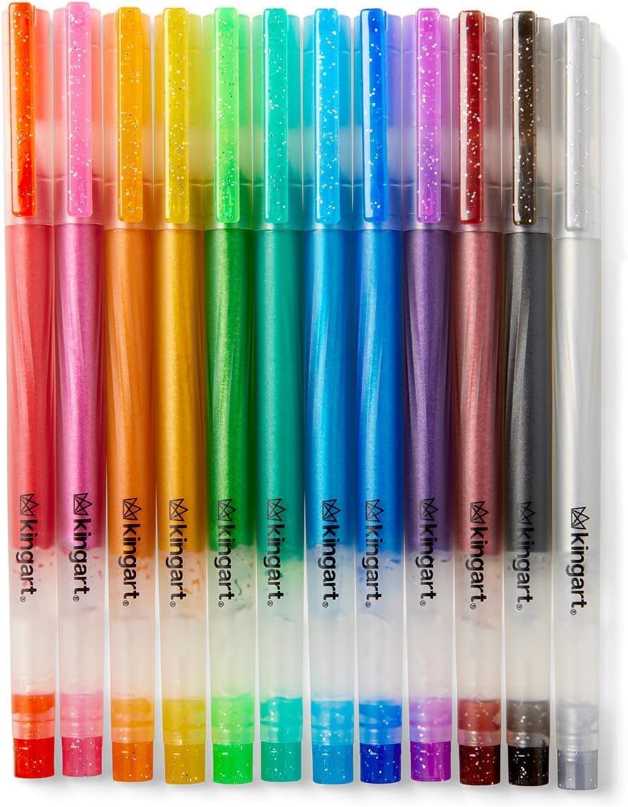 KINGART 407-12A Gel Pens, Set of 12 Glitter Colors | 50% More Ink Capacity, Smooth Glitter Flow, Acid-Free & Non-Toxic, Ideal For Coloring Books, Scrapbooking & Doodling
