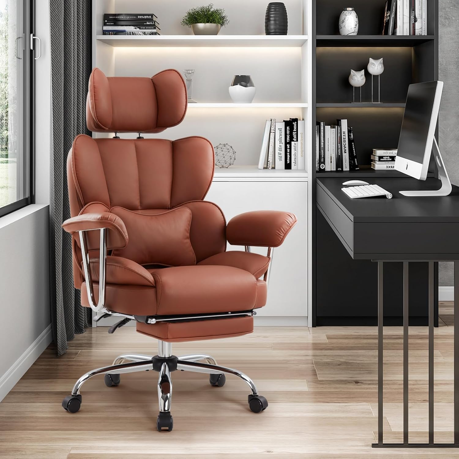Big and Tall Executive Office Chair, Ergonomic High Back PU Leather Desk Chair, Heavy Duty Managerial Computer Chairs with Footrest, Adjustable Headrest, Armrests,Lumbar Support,400LBS(Brown)