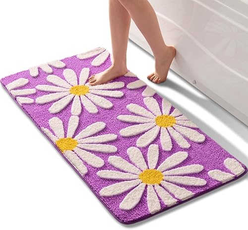 Miniatura 14 de QJHOMO Alfombra de baño beige con diseño de margaritas, decoración de flores blancas y amarillas, alfombra antideslizante de microfibra, súper