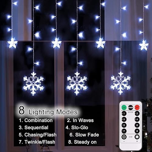 Miniatura 4 de echosari Guirnalda de luces de copo de nieve de Navidad que funciona con pilas, 138 luces LED colgantes con 8 modos de iluminación, impermeable,