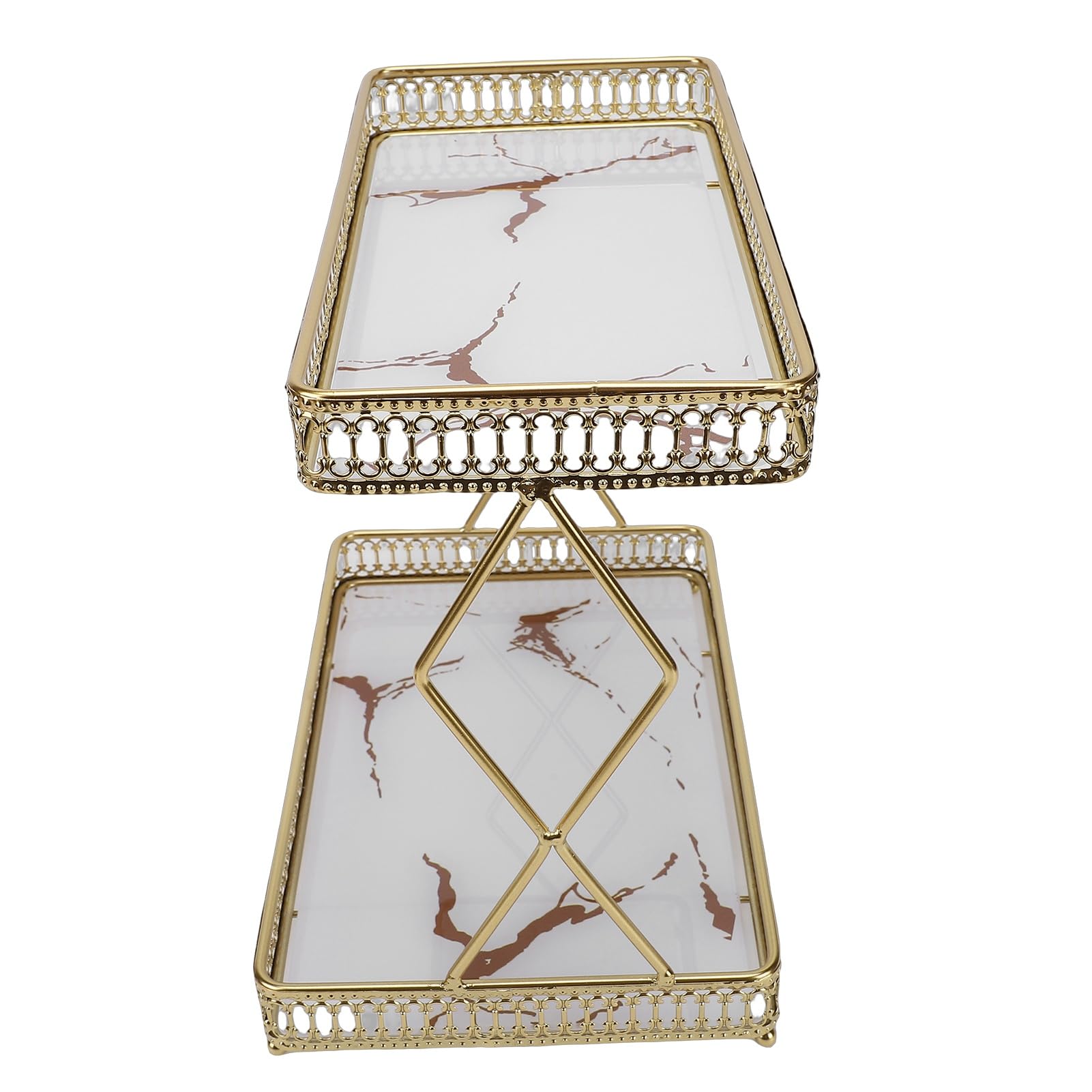 Syrisora Bathroom Countertop Storage Shelf, Space Saving 2 Tier Organizer with Glass and Iron, for Cosmetics Perfume Jewelry (White with Gold Patterns)