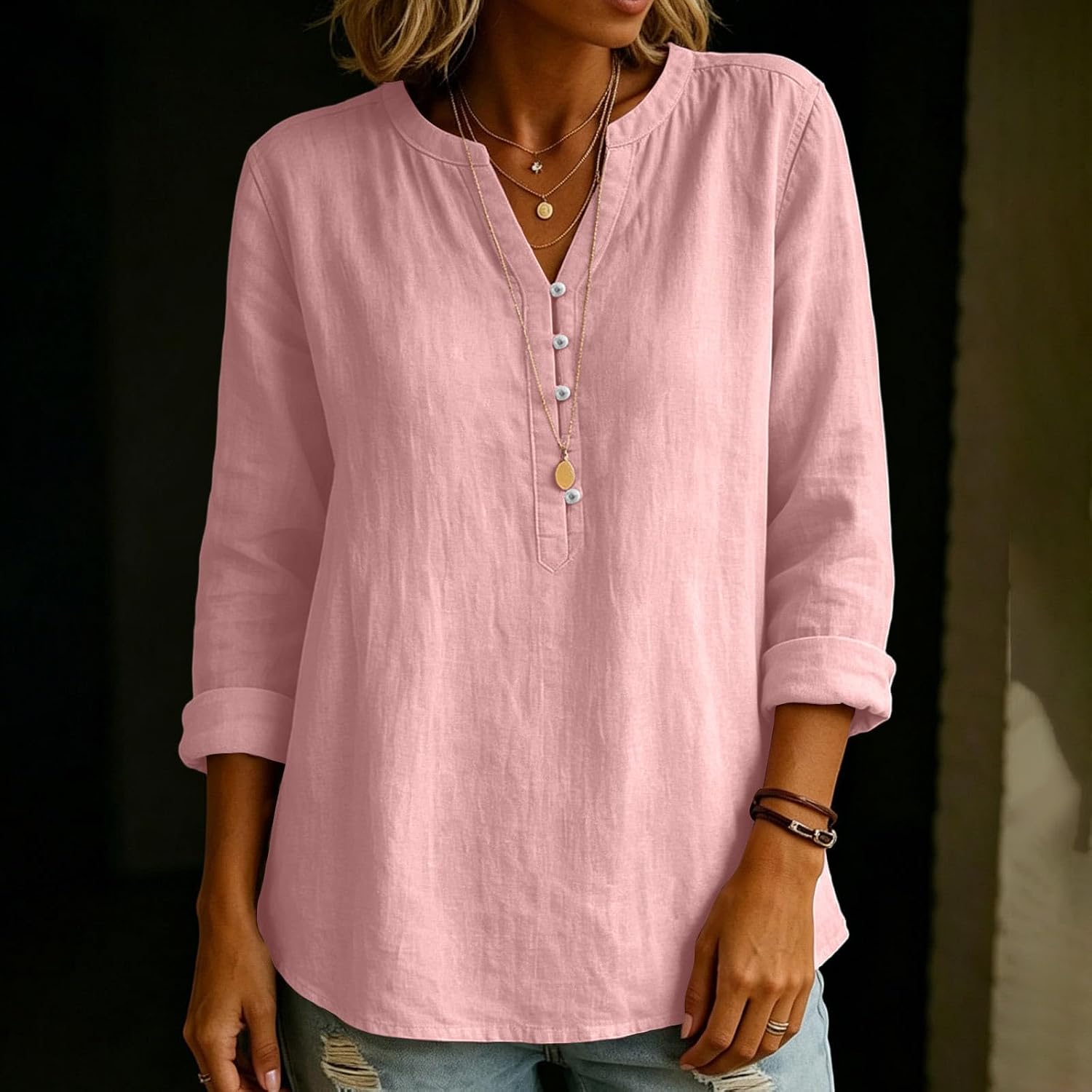 Henley Shirt for Women V Neck Button Up Long Sleeve Casual Cotton Linen Top | Relaxed Fit Blouse with Notched Collar Button Placket, Breathable Cotton Linen, Roll Up Sleeve, for Work Travel Weekend