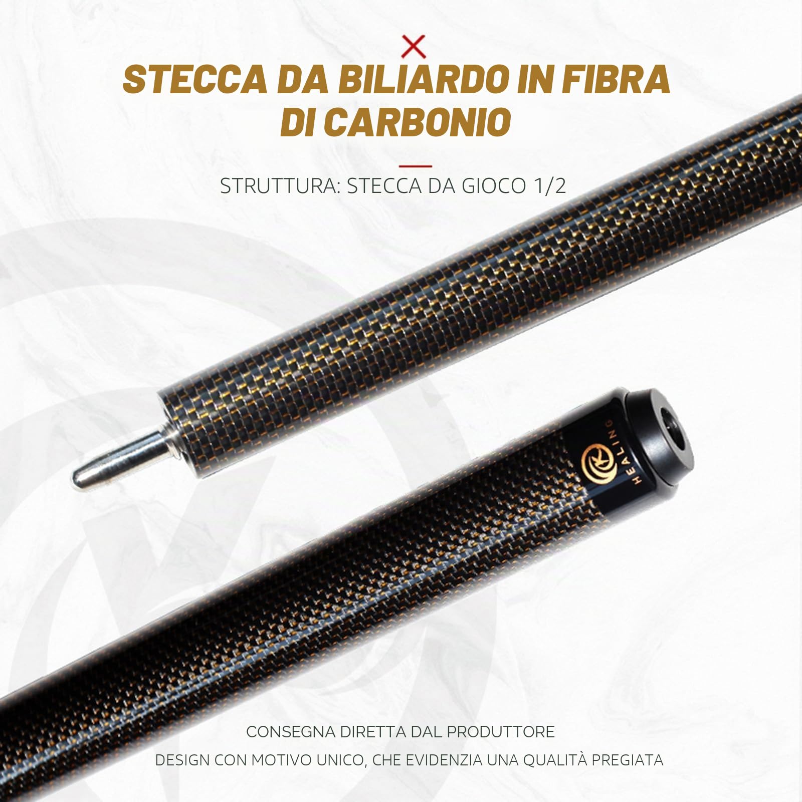 KHEALING Stecca da Biliardo in Fibra di Carbonio da 58 Pollici, Struttura 1/2, connettore a 3 Denti, Punta da 12,4 mm, 540-567 g, Adatta per Giocatori di Biliardo Professionisti