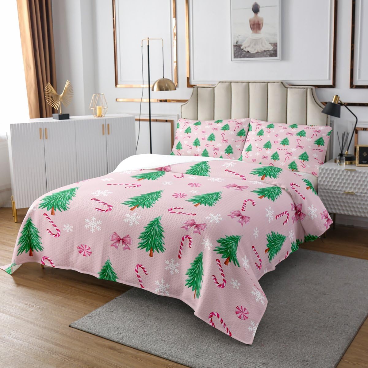 Erosebridal Christmas Tree Quilt Set Queen Kawaii Candy Bow Bedspread Bowknot Xmas Snowflake Coverlet Set for Kids Adults,Pink Green Cute Holiday Bedding Quilted