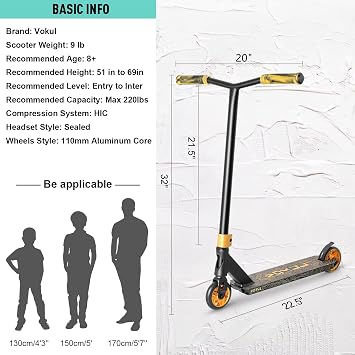 VOKUL K1 Pro トリックスクーター | スタントスクーター 8歳以上、ティーン、大人用 - 最高のエントリーレベルフリースタイルスタントスクーター 男の子、女の子向け - フリースタイルスケートパークストリートスクーター