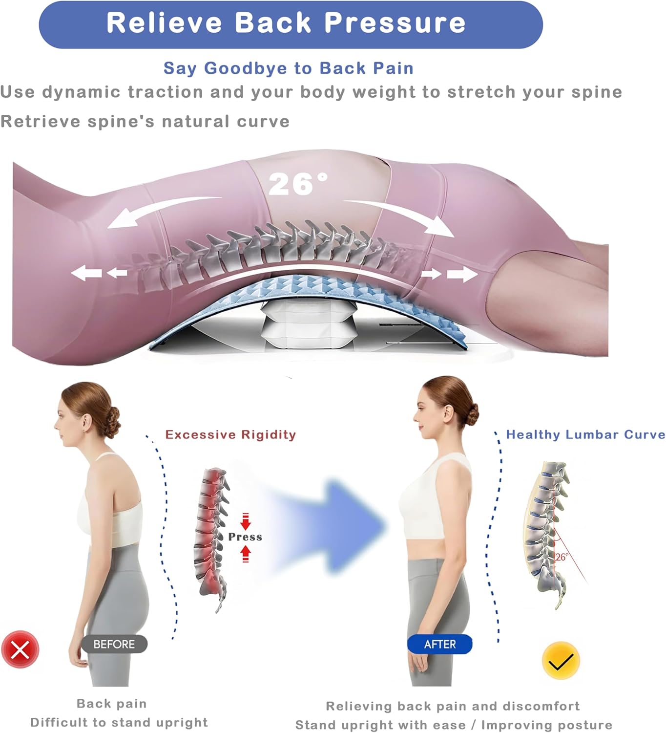 Pneumatic Back Stretcher For Lower Back Pain Relief - Stepless Air-Adjustable Lumbar Support Board With Extra-Wide Panel & Spinal Decompression Muscle Relaxation Spine Stretcher Back Cracker(Blue) - Image 2