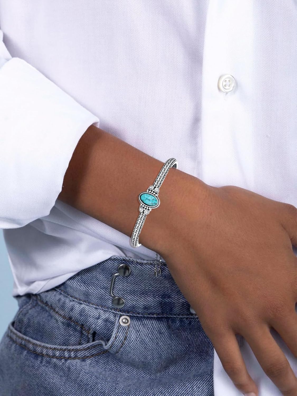 Genuine Turquoise Boho Bracelet, Sterling Silver Vintage Adjustable Cuff Bangle Native American Jewelry for Women, Fit for 6.5 7 7.5 Inches - Image 4