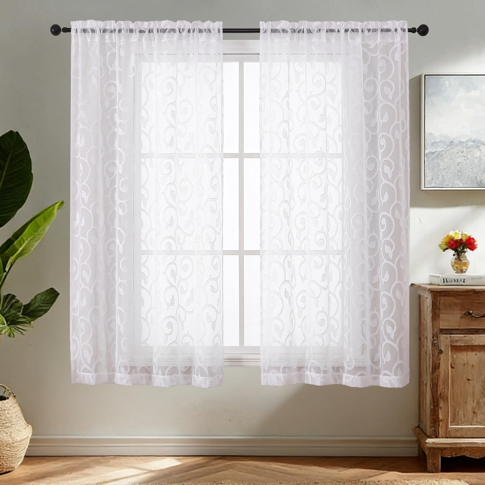 Simplebrand White Sheer Voile Curtains with Embroidered Pattern, 2 Panels 140x163cm, Dual Rod Pocket Light Filtering Bedroom Window Curtains