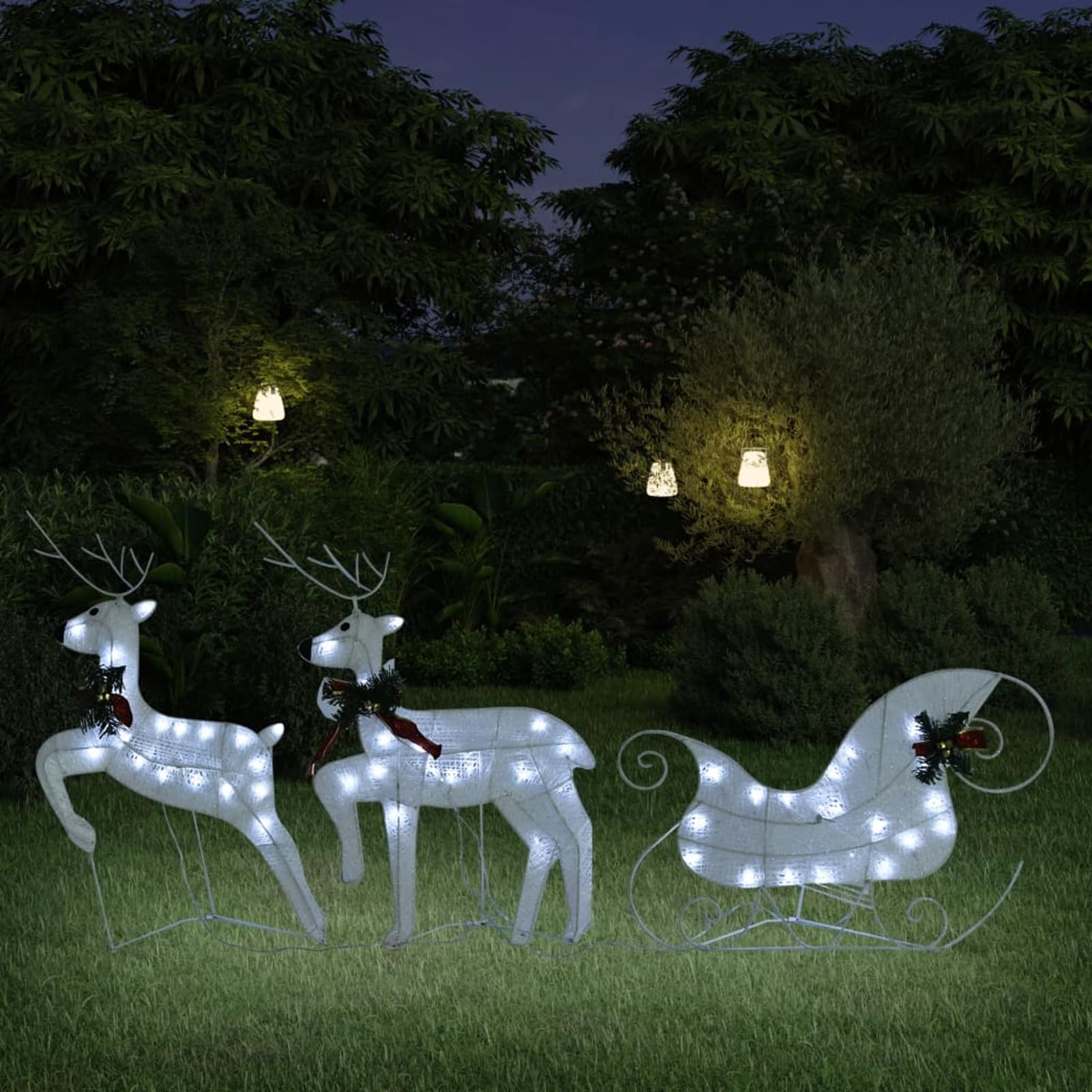 Gecheer Decoración Navideña de Renos y Trineo de Jardín Blanco 60 Led Luces de Reno de Navidad, Reno Navidad Exterior Blanco Cálido con Temporizador para Césped Patio Interior Decoración