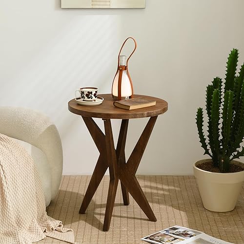 Miniatura 5 de Mesa auxiliar redonda de granja con parte superior de MDF y patas cruzadas, mesa auxiliar bohemia de mediados de siglo, moderna mesa decorativa