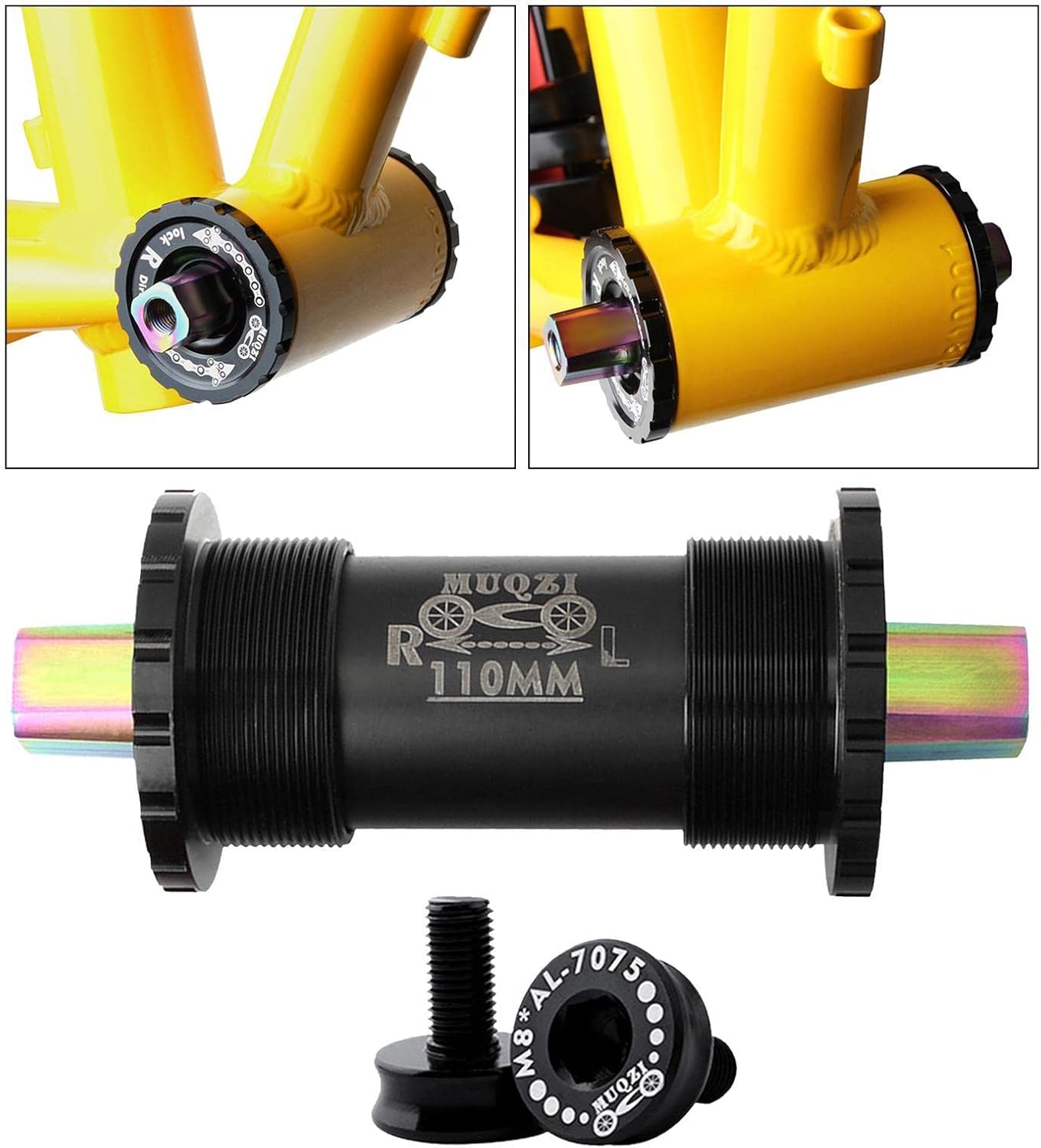 High Strength Titanium Alloy Bike Bottom Bracket Set with Square Hole Screws - Super Moist & Corrosion , Easy Installation - for Road, Mountain, Folding Bikes - Square Tapered - 110mm Black